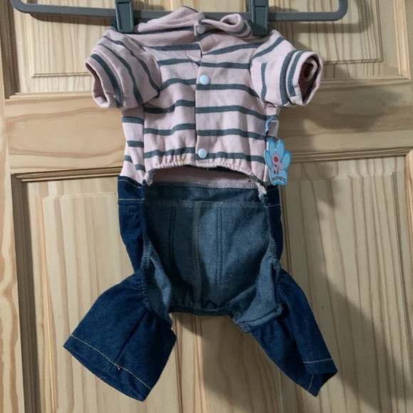 Denim/Pink Stripped Dog Onesie Outfit - Picture 4 of 9